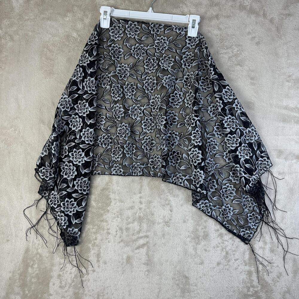 Black Floral Lace Rectangle Scarf Womens One Size Nylon Embroidered Fringe